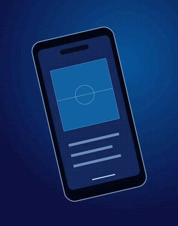 An illustrated smartphone displaying a football pitch.